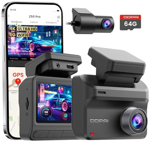 DDPAI Dashcam Voiture Avant Arrière, 4K + 1080P Camera Voiture, Carte 64 Go Incluse, Vision Nocturne AI-ISP, Compatible 4G LTE, WiFi 6 5GHz, GPS, Mode Stationnement 48H, Écran IPS 3, Z50 Pro