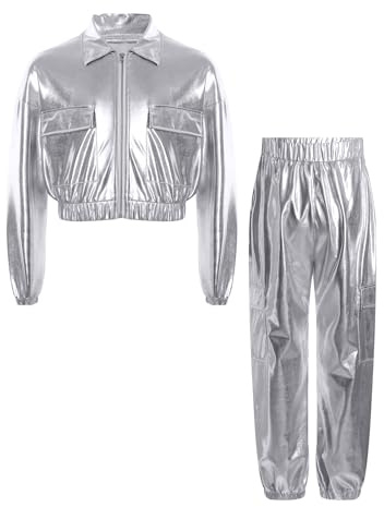 Riismen Enfants Fille Survêtement Métallique Veste Manches Longues Blouson Avec Pantalon Danse De Rue Jazz Hip-hop Tenue De Spectacle Carnaval Argent 9-10 ans