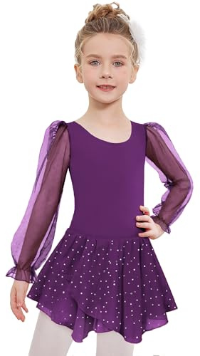 Arshiner Vestito da Balletto a Maniche Lunghe per Ragazze Abito da Balletto Viola Scuro Abito da Danza Classica per Bambini Body da Ballo in Cotone Body da Danza Tinta Unita con Gonna e tutù 4-5 Anni