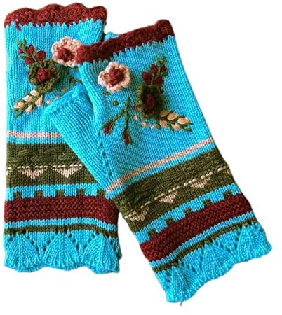 Trufolxiaz Stilvolle Halbe Fingerhandschuhe Für Frauen Gestrickte Wintergelenkwärmer Mit Blumigen Stickerei