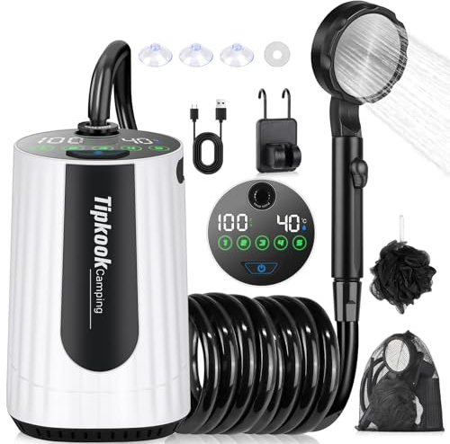Douche Portable, [10000mAh] Tipkook douche de camping,Électrique Rechargeable,Imperméable, avec Afficheur Intelligent et Pomme de Douche 5 Modes pour Extérieure,Camping,Randonnée,Blanc