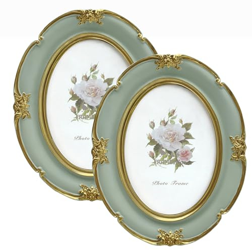 irbaniland 2Pcs Oval Shape Photo Frame Smooth Picture Frame Display Pictures Vintage Rustic Oval Frames for Wall Hanging Home Decor Photo Gallery Art (Green,4X6)