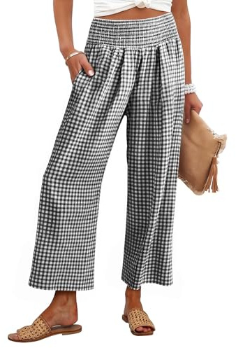 ANRABESS Women Striped Gingham Wide Leg Palazzo Pants Casual Lounge Cropped PJ Bottoms Comfy Cute Plaid Pants with Pockets Black White Plaid X-Large