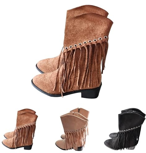 Bottes Western Femme Country Frange, Bottines Femme Cuir Talon Carré, Bottine En Daim Botte Couleur Unie Vintage 2025 Nouveau Bottes Mi Mollet Boot Bout Rond Chaussure Automne Bottine Cowboy 36-43