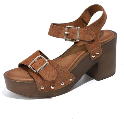 Sandali da donna con plateau e tacco grosso stile retrò e fibbia regolabile, alla moda con una parola cintura con tacco a blocco, punta aperta, abito da sposa, scarpe impermeabili da donna, marrone