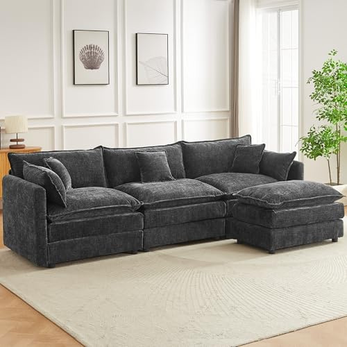 JIEXI Modular Corner Sofa Sectional, Oversized Deep Seat Fabric Couch with Moveable Ottoman, Reversible L-Shape/U-Shape Configurations, Modern Living Room Sofa Set (Grey 285CM - L-shaped)