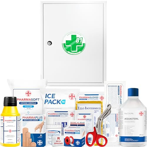 AIESI® Armadietto di pronto soccorso con ALLEGATO 2 MAGGIORATO in metallo per aziende meno 3 dipendenti, Conforme DM388/DL81, Made in Italy