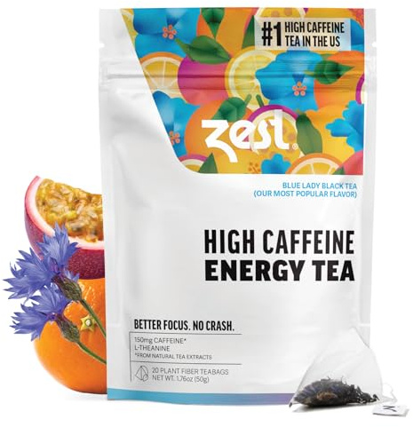 Zest Energy Tea Bags – Blue Lady Passion Fruit Black Tea – High Caffeine Tea for Morning Energy, Focus & Clarity – Natural Caffeinated Tea with 150mg Caffeine – 20Ct Pack – Non-GMO & Keto Friendly