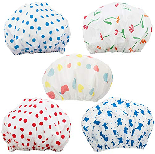 COM-FOUR® 5x bonnet de douche étanche pour protéger la coiffure, bonnet de bain flexible avec bande élastique en caoutchouc avec différents motifs, Ø 26 x 13 cm (05 pièces - mélanger)