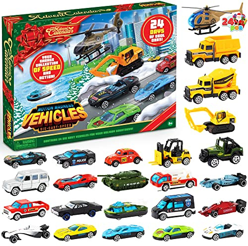 JOYIN Calendario dell'Avvento di Natale 2025 per Bambini, Calendario per il Conto alla Rovescia di 24 Giorni Giocattoli con Set di Auto pressofusi per Ragazzi Bomboniere per Feste