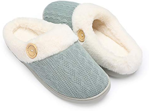 Chantomoo Womens Slipper Warm Comfy Memory Foam House Slippers Knitted Shoes Faux Fur Lined Anti-Skid Rubber Sole Bedroom Cozy Indoor Outdoor Slippers Green Size 11 12 10.5