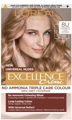 L'Oréal Paris Excellence Universal Nudes Hair Colour, Ammonia-Free, Micro-Keratine, Triple Care, 100% Grey Coverage, Radiance Boosting, 8U Universal Light Blonde