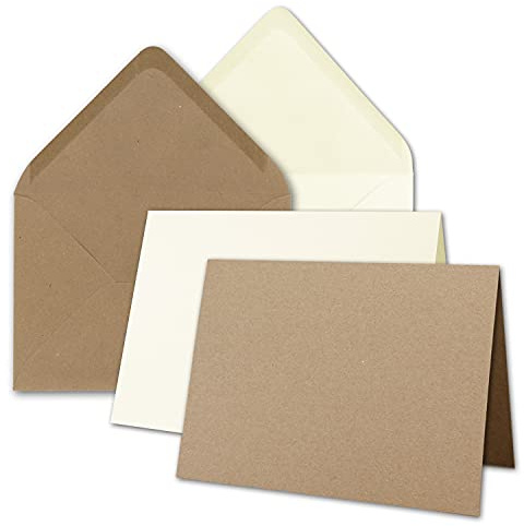 Juego de 20 tarjetas plegables con sobres más grandes que DIN B6, tamaño grande, color crema y papel kraft marrón, tarjetas plegables con sobres.