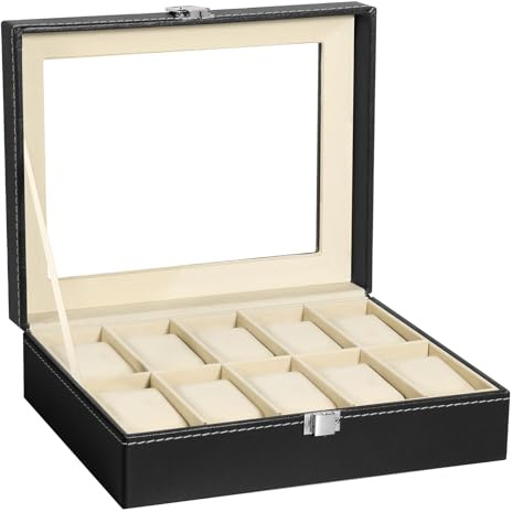 Uten Watch Box 10 Slots, Watch Case with Glass Lid, Watch Display Storage Box for Men and Women, Removable Watch Pillows, Metal Clasp, Black Synthetic Leather, Beige Velvet Lining, Gift Idea