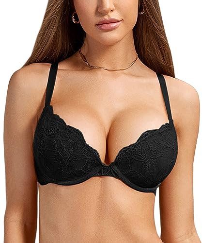 DOBREVA Women's Push Up Lace Bra Sexy Plunge Padded Underwire Support Bras Lift Up Black 40A