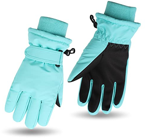 JANGANNSA Winter Kids Ski Gloves Boys Girls Cold Weather Snow Glove Waterproof Ski Snowboard Gloves with Fleece Lining(Solid Green,7-9Years)
