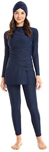 FYMNSI Traje de baño musulmán burkini islámico modesto traje de baño de cobertura completa traje de baño de manga larga pantalones hiyab conjunto de 3 piezas, azul marino, M