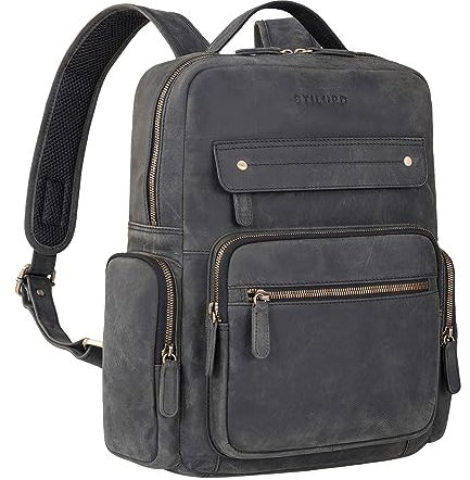 STILORD 'Edison' Leder Studenten-Rucksack mit Laptop-Fach 13 5 Zoll Echtleder Vintage ideal als Backpack Cityrucksack Bürorucksack Aktenrucksack Ordnerrucksack, Farbe:carbon - grau