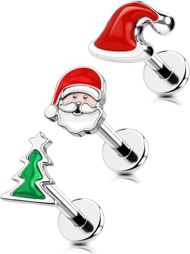 OUFER Piercing de hélice de Navidad, 16 g, rosca interna, tragus, caracola, labret, cartílago, parte trasera plana, acero quirúrgico, anillos para labios, parte superior superior, inferior, regalo