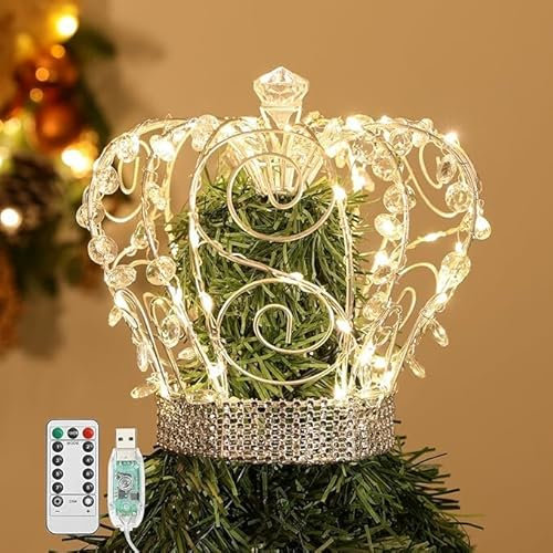 Lewondr Weihnachtsbaumdekor, Krone für den Baum mit Metallrahmen und 50 Warmen Lichtkugeln, USB-Betrieb und Fernbedienung mit 6-Stunden-Timer, Wohnkultur für die Feiertage, Silber