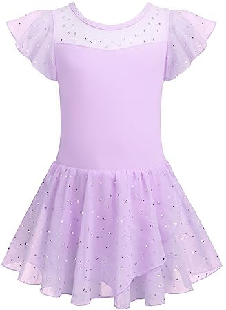 Arshiner Ballettkleidung Mädchen Rüschenärmel Masche Ballettkleid Tanzkleid Kinder Glitzerndes Ballettanzug Ballett-Trikots Tanz-Trikot Kleinkind Ballerina Kleid Kostüm Outfits Lila 150