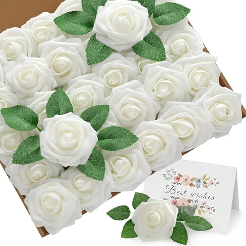 ilauke 30 Rosas Artificiales,8cm Rosas Blancas Artificiales con Tallos y Tarjeta,Rosas Artificiales para un Tacto Real y Flores de Espuma con Hojas,Rosa Falsa para Propuesta,Boda,Aniversario y Fiesta