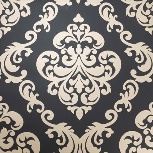 SOPHIE LAURENCE Black Gold Floral Damask Wallpaper - Metallic Finish, Vintage Style, Paste The Paper, Washable - 0.53m x 10.05m Roll