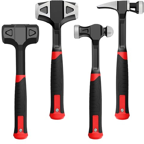 YIYITOOLS 4-Piece Hammer Set - 2LB Dead Blow, 24oz Ball Peen, 20oz Claw, 3LB Sledgehammer - One-Piece Carbon Steel Forging, Ergonomic Anti-Slip Rubber Grips for Garages, Repair Shops, and DIY