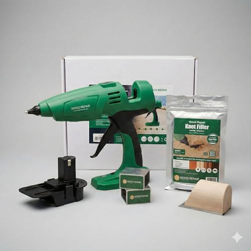 WoodRepair BCD 540 - Kit batteria professionale per riempitrici, pistola professionale, adattatore, temperatura regolabile, sacchetto compatto Mix, pialla a mano e blocchi refrigeranti