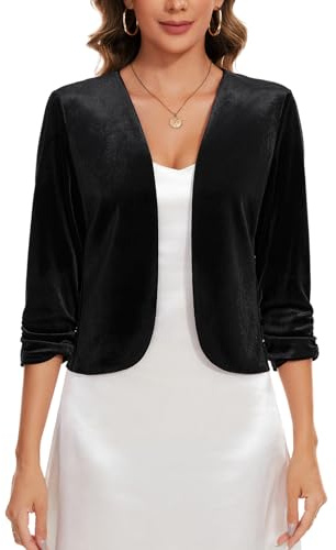 MINTLIMIT Ladies Black Velvet Cardigans 3/4 Ruched Sleeve Open Front Sweater Shrugs for Proms Gala Event Blazers (Black L)