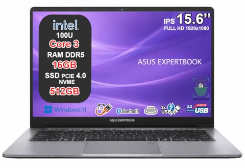 ASUS ExpertBook P1 Notebook, Intel Core 3 100U, 16GB DDR5, SSD 512GB NVMe PCIe 4.0, Display 15,6 FHD Antiriflesso, USB-C Gen2, LAN RJ45, Wi-Fi 6, Bluetooth 5.4, Windows 11, 24 Mesi Garanzia