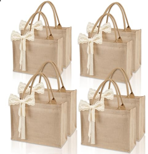 Karinoos 8pcs Burlap Tote Bag Set with Handles, Waterproof Reusable Blank Grocery Bags with Ribbon Large Jute Tote 15.35 * 6 * 12 Inch for Women Bridesmaid Gift Beach Pool Shopping Wedding Travel DIY