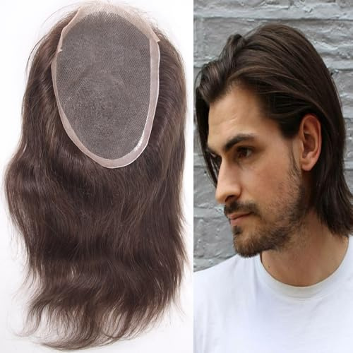 Voloria Swiss Lace Front with PU Men's Toupee Man Hairpieces Human Hair Replacement System for Men 4.5x7inch 10inches Long Hair 3# Dark Brown Color