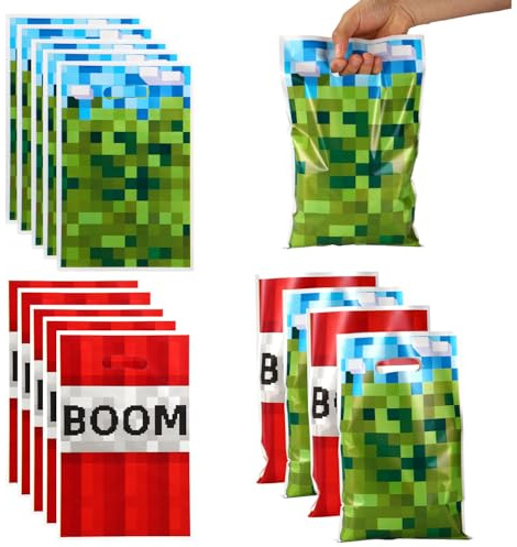 SAVITA 50pcs Sacs Cadeaux Pixel pour Fête, Sacs Cadeaux Thème Jeu Vidéo Sac à Bonbons Snack Plastique Boom avec Poignées pour Enfants Joueurs Pixel Happy Birthday Fournitures Fête (Bleu, Vert, Rouge)