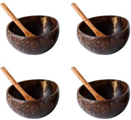 WANGCL 4 st kokosskålar med 4 träskedar, 500 ml polerade kokosskålar för vegansk ekologisk sallad, köksförvaring