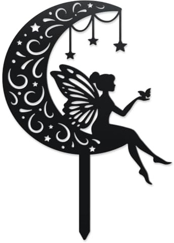 WADORN Piquets de Jardin Décoratifs en Métal Fée de la Lune, Statues D'Extérieur en Métal des Fée Elfe de la Lune Ornement Floral Décoration d'angle Noir pour Jardin Terrasse Allées
