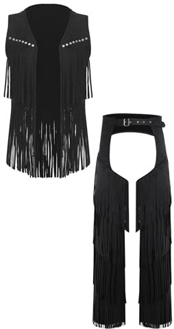 FEESHOW Adult Men Western Cowboy Vest And Chaps 2-piece Set Costume Tiered Tassel Carnivals Christmas Black M