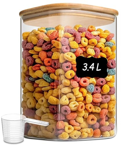 ComSaf förvaringsburkar i glas med bambulock, 3,4 L, 1 st | fyrkantig och kompakt, kattmat, pulver för frukostdryck, torkad timjan, för skafferi och kök