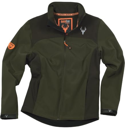 WORKTEAM Cazadora Softshell para Caza y Pesca, Cuello Alto, Bolsillos Con Cremallera, puños ajustables, Unisex Verde Caza+Marrón-L