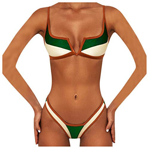 Generisch Bikini Femme Ensemble 2 Pièces Maillots de Bain Bustier Sexy Push Up Taille Haute Ventre Col en V Rétro Plage A283