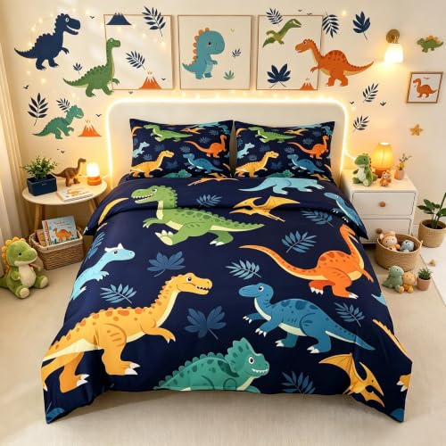 Loussiesd Dinosaurie påslakan dubbel storlek tecknad dinosaurie djungel täcke skydd för pojkar flickor Pterosaur sängkläder set 3 st rumsdekor andningsbar mjuk lätt mikrofiber