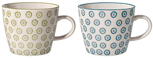 Bloomingville Isabella - Tazas de café retro con asa, diseño vintage de paredes gruesas (diámetro 9,5 x 8 cm, color verde y azul, cerámica, 2 unidades, capacidad aprox. 280 ml)