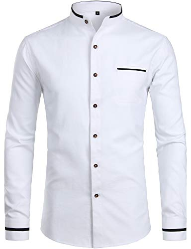 ZEROYAA Mens Hipster Mandarin Collar Slim Fit Long Sleeve Casual Button Down Oxford Dress Shirt with Pocket Z113 White Medium