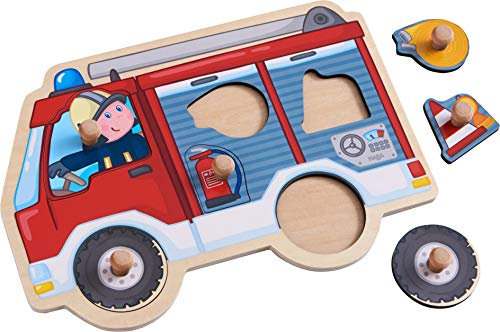 HABA 304594 - Greifpuzzle Feuerwehrauto, 6-teiliges Holzpuzzle mit Feuerwehrwagen und großen, griffigen Holzknöpfen, Holzspielzeug ab 12 Monaten