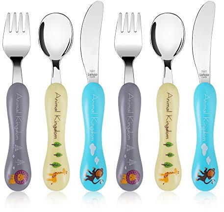 Lehoo Castle Posate Bambini, 6 Pezzi Posate per Bambini Acciaio, Set Posate Bambini con 2 Forchette Bambini, 2 Coltello Bambini, 2 Cucchiaio Bambini, Posate Non è Tagliente per 1 2 3 Anno (Grigio-blu)