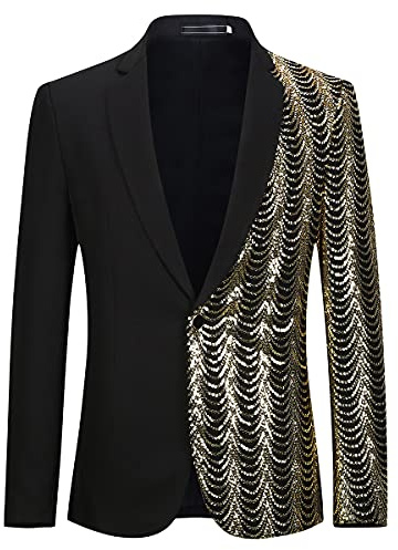 PYJTRL Uomo Verde Blu Oro Foglie Modello Paillettes Blazer (40, Black)