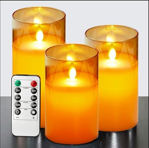 ILEEDear Bougies LED,Verre Doré Bougie Led Flamme Vacillante, Lot De 3 (10cm, 12.5cm, 15cm), Avec Vacillement Des Flammes Très Réaliste, Bougie Decorative, Halloween Decoration, Aesthetic Room Decor