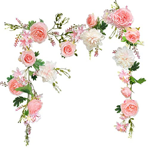 Peony Flower Garland, 180cm, Rose Garland Artificial Flowers, Artificial Flower Garlands for Weddings Home Table Runner Mantle Party Decorations (Peach Peony Garland)