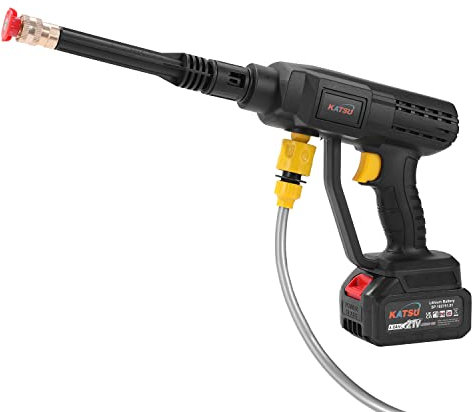 KATSU FIT-BAT 21V Akku-Hochdruckreiniger mit 4,0 Ah Akku und Ladegerät und 2 Düsen Schlauchsets, Tragbare Hochdruckreiniger-Pistole für die Terrassenreinigung, Autowäsche, Gartenbewässerung