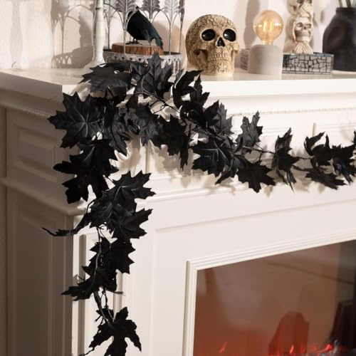 6Ft Halloween Artificial Fall Maple Leaves Garland Autumn Fake Leaf Vine Artificial Foliage Garland Indoor Outdoor Decor for Home Garden Wedding Party (Black)